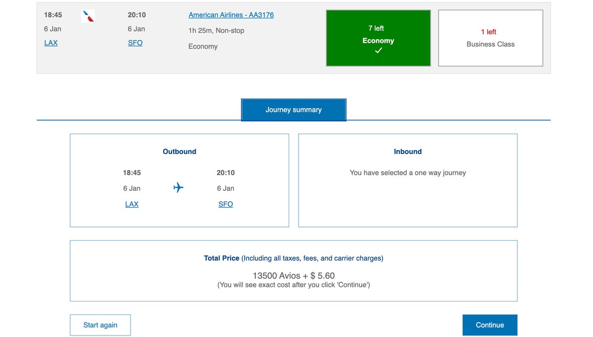 ba avios lax sfo economy award
