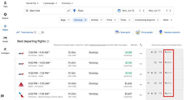 Google Flights Enhanced By Legroom