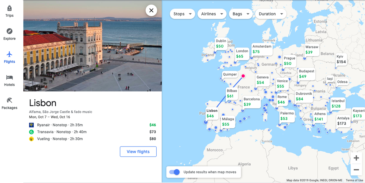 Google Flights Destinations Trip Selection