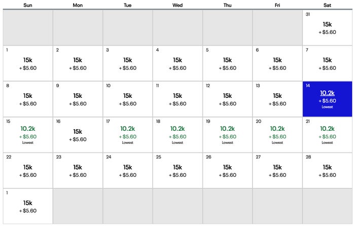 United Airlines award calendar lax ord