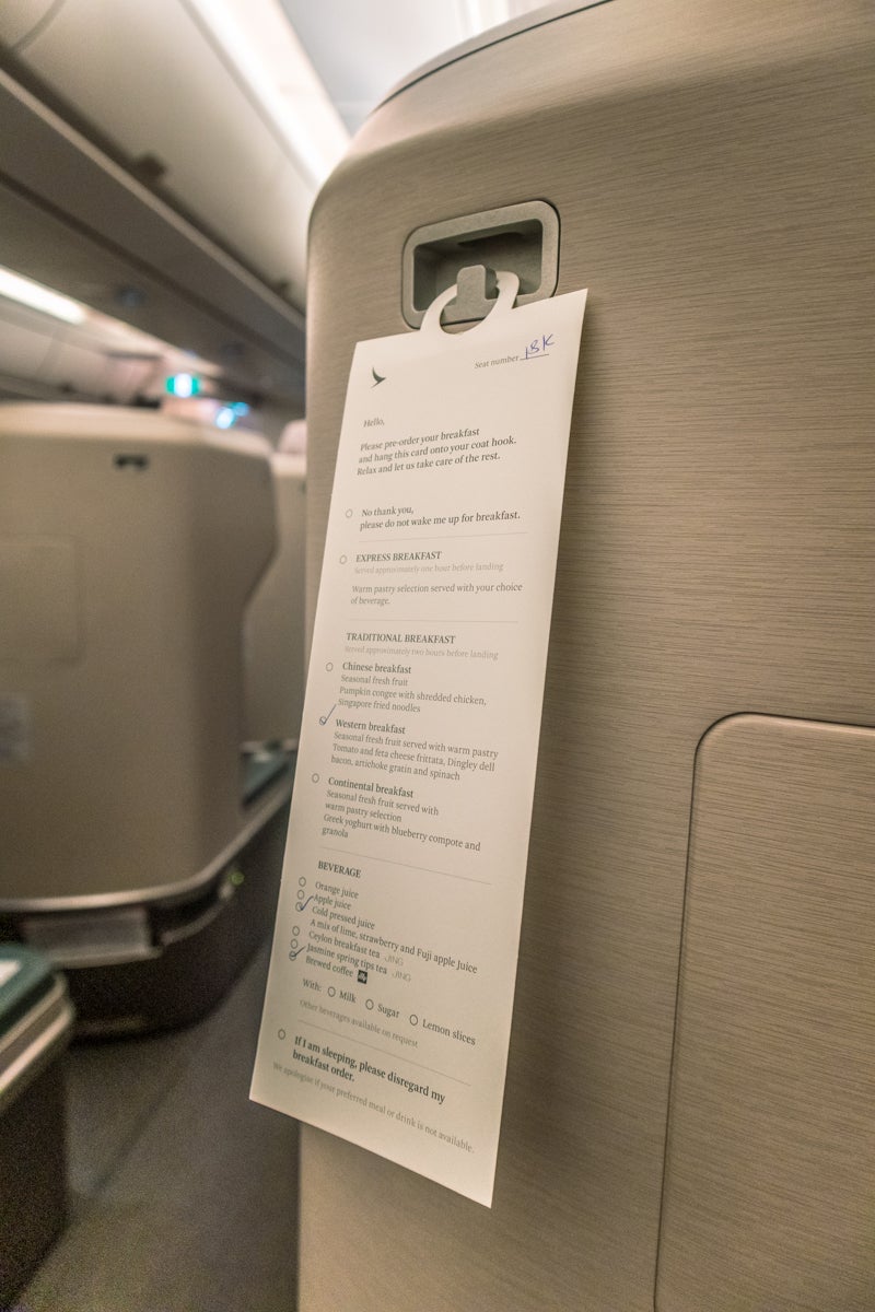 Cathay Pacific Business Class Breakfast Card