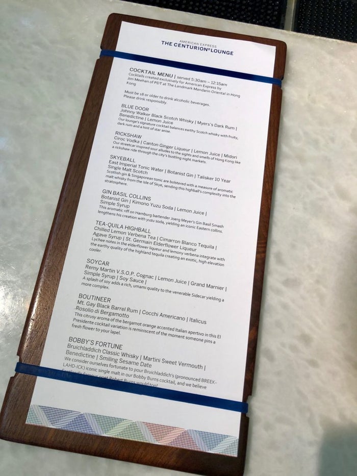American Express Centurion Lounge Hong Kong - Cocktail & Wine List