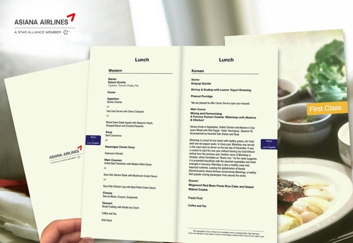 Asiana Airlines A380 First Class Menu
