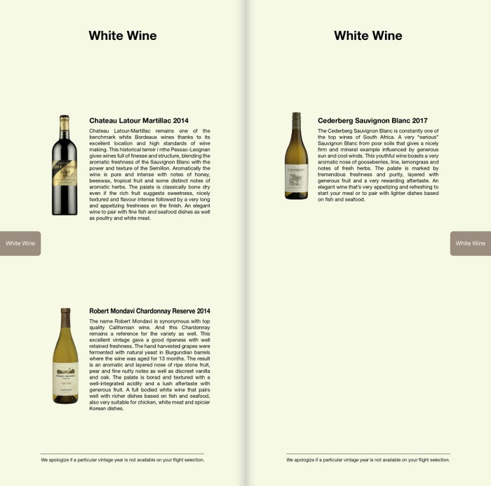 Asiana Airlines A380 First Class White Wine List - Cherag Dubash