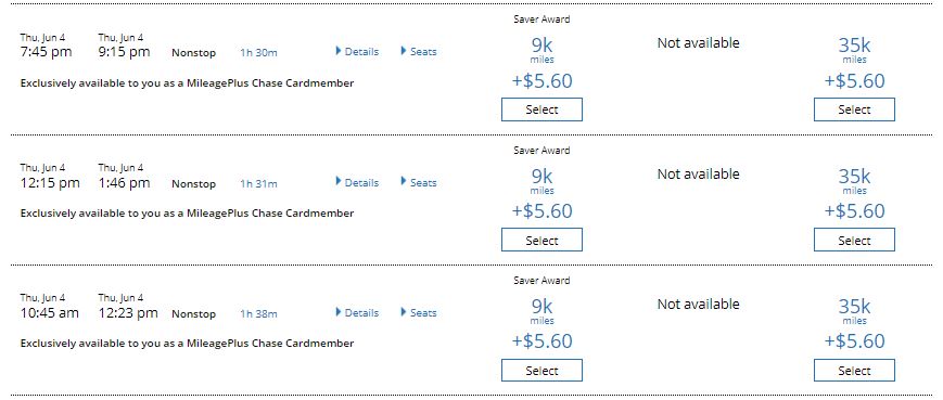 Award Availability for Chase United Cardmembers