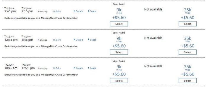 Award Availability for Chase United Cardmembers