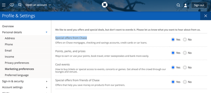 Chase marketing prefrences