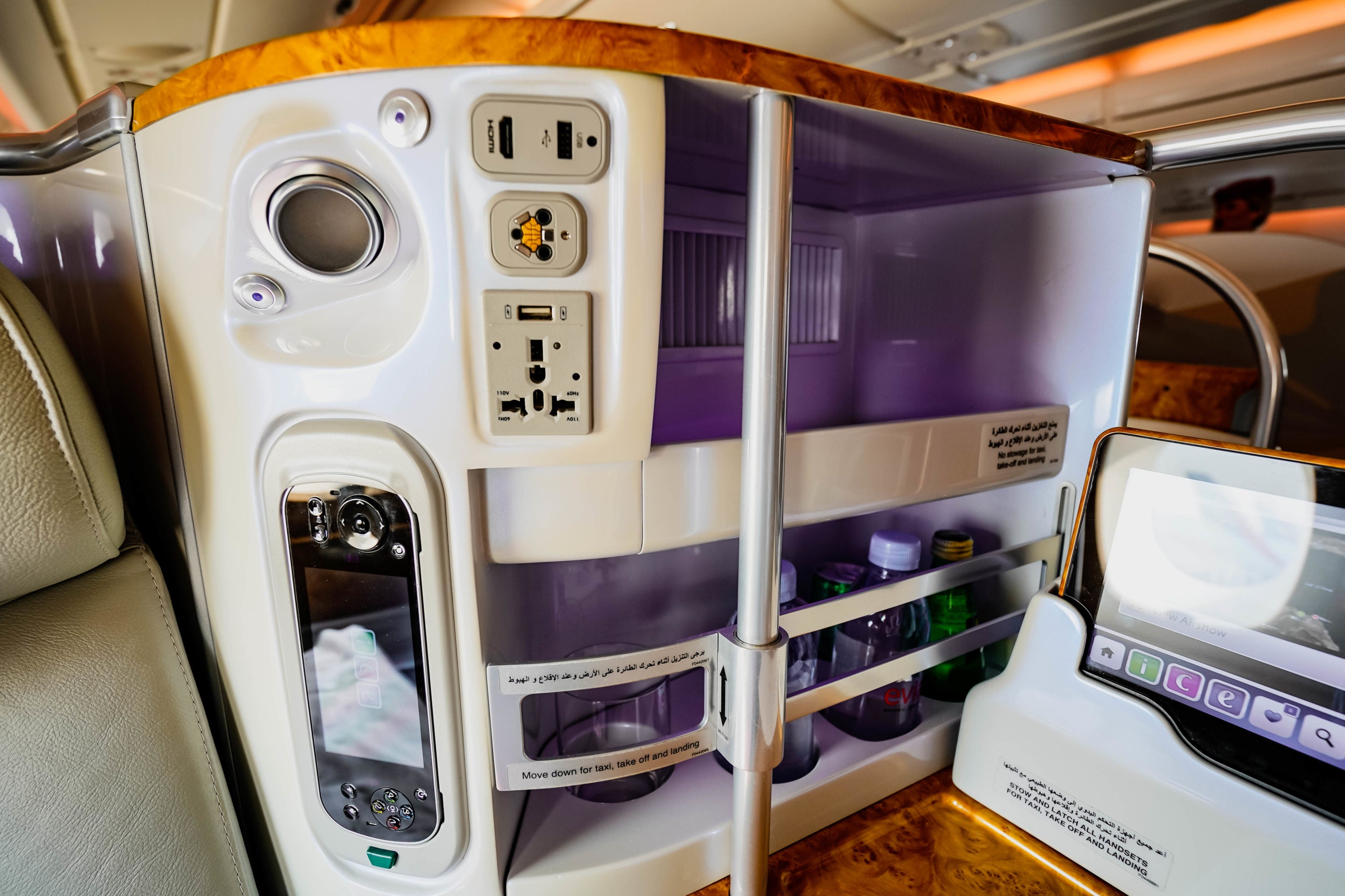Emirates A380 Business Class Minibar and Power Sockets