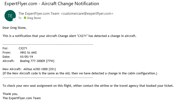 ExpertFlyer Aircraft Change Notification