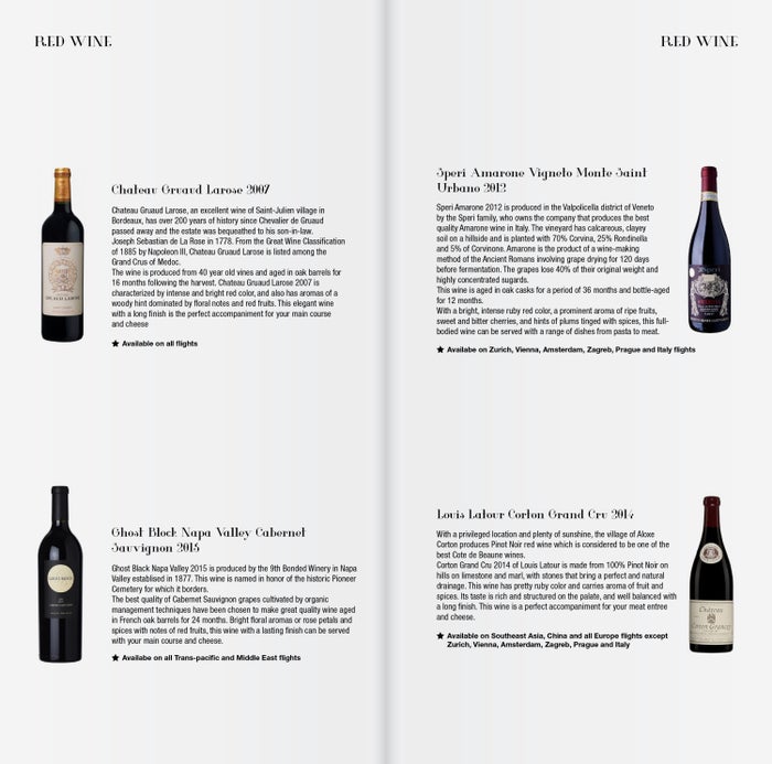 Korean Air Boeing 777 First Class Red Wine List - Cherag Dubash
