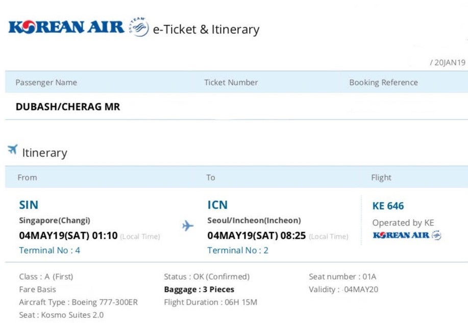 Korean Air Boeing 777 First Class Ticket - Cherag Dubash