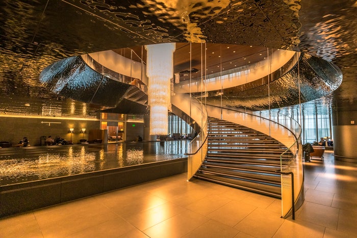 Qatar Airways Al Mourjan Lounge – Stairs to Buffet Qatar Airways Al Mourjan Lounge - Stairs to Buffet