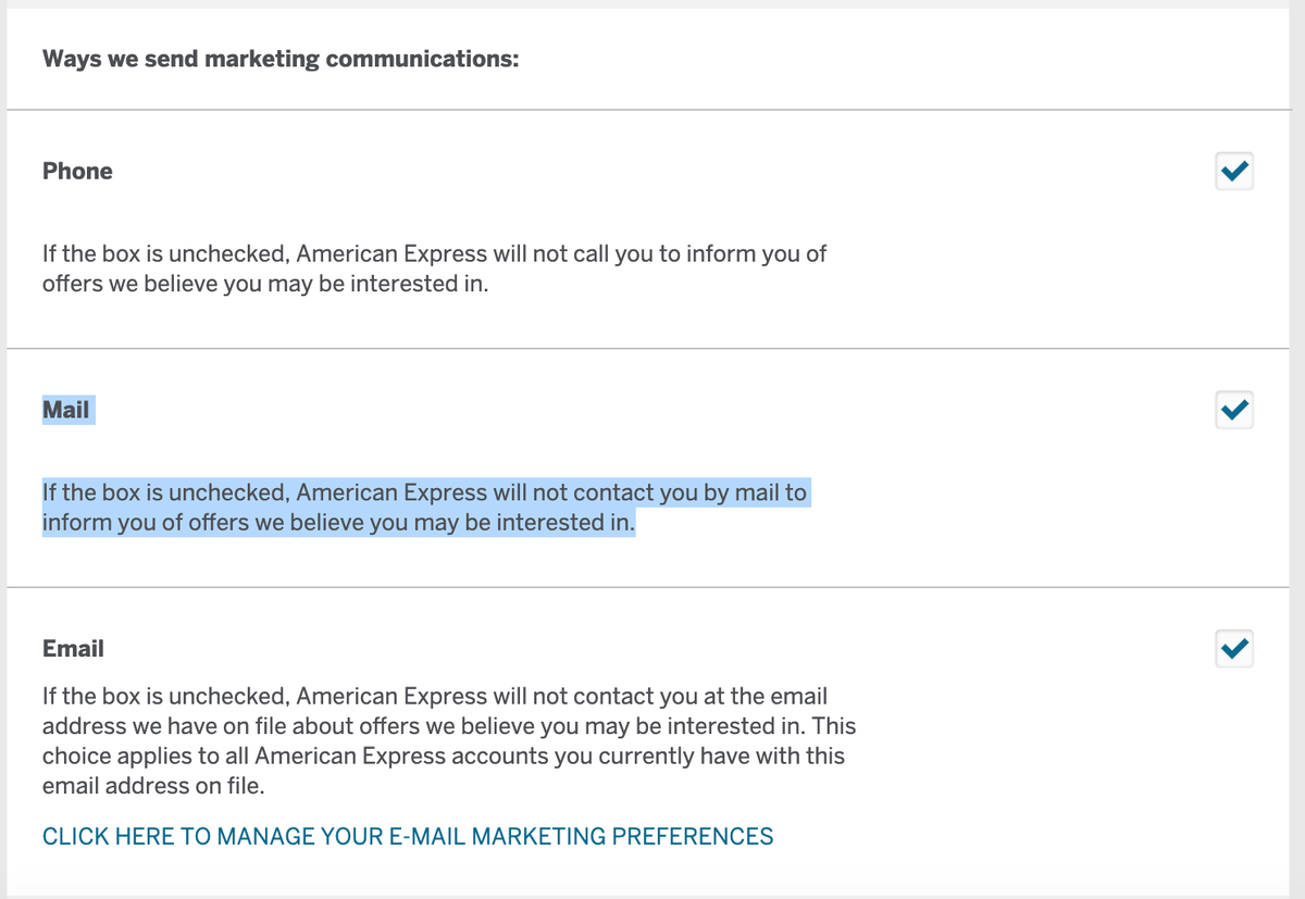 American Express Amex Marketing Preferences