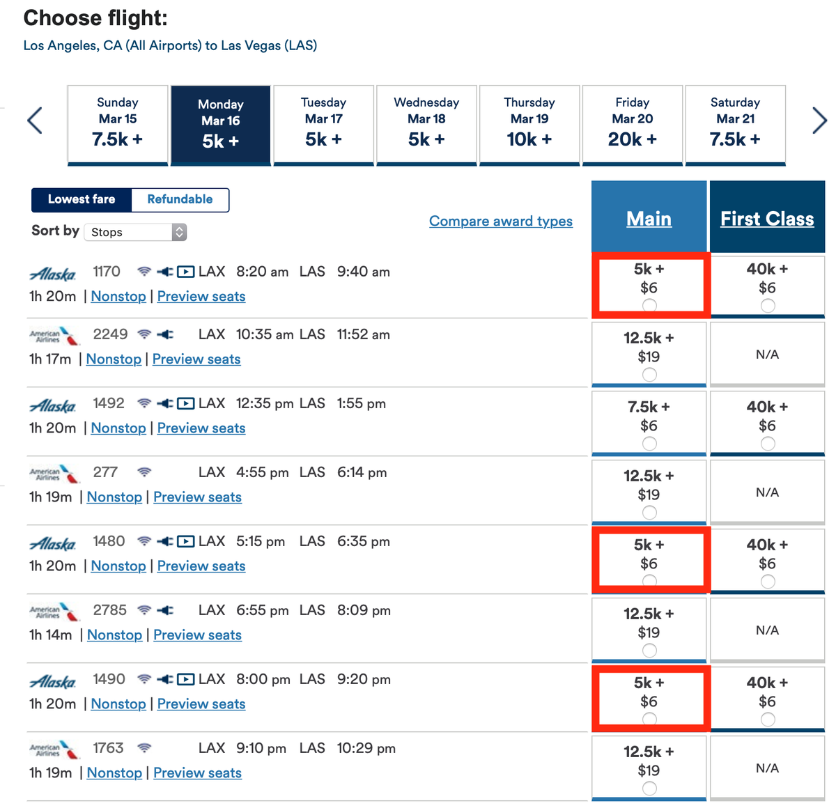 Booking Alaska Airlines Mileage Plan Awards Between LAX and LAS