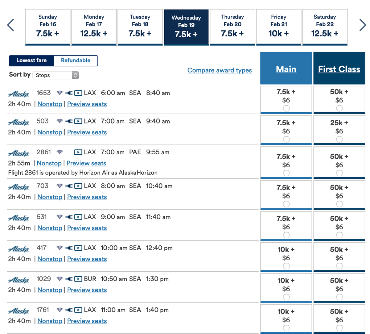 Booking LAX to SEA for 7,500 Mileage Plan miles