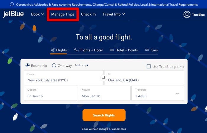 JetBlue Manage Trips