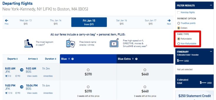 JetBlue refundable fare type