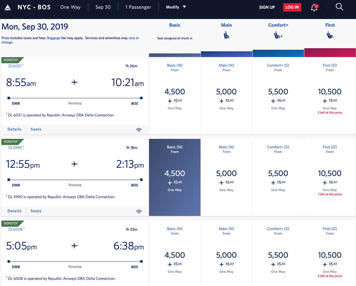Redeeming Delta SkyMiles for NYC to BOS