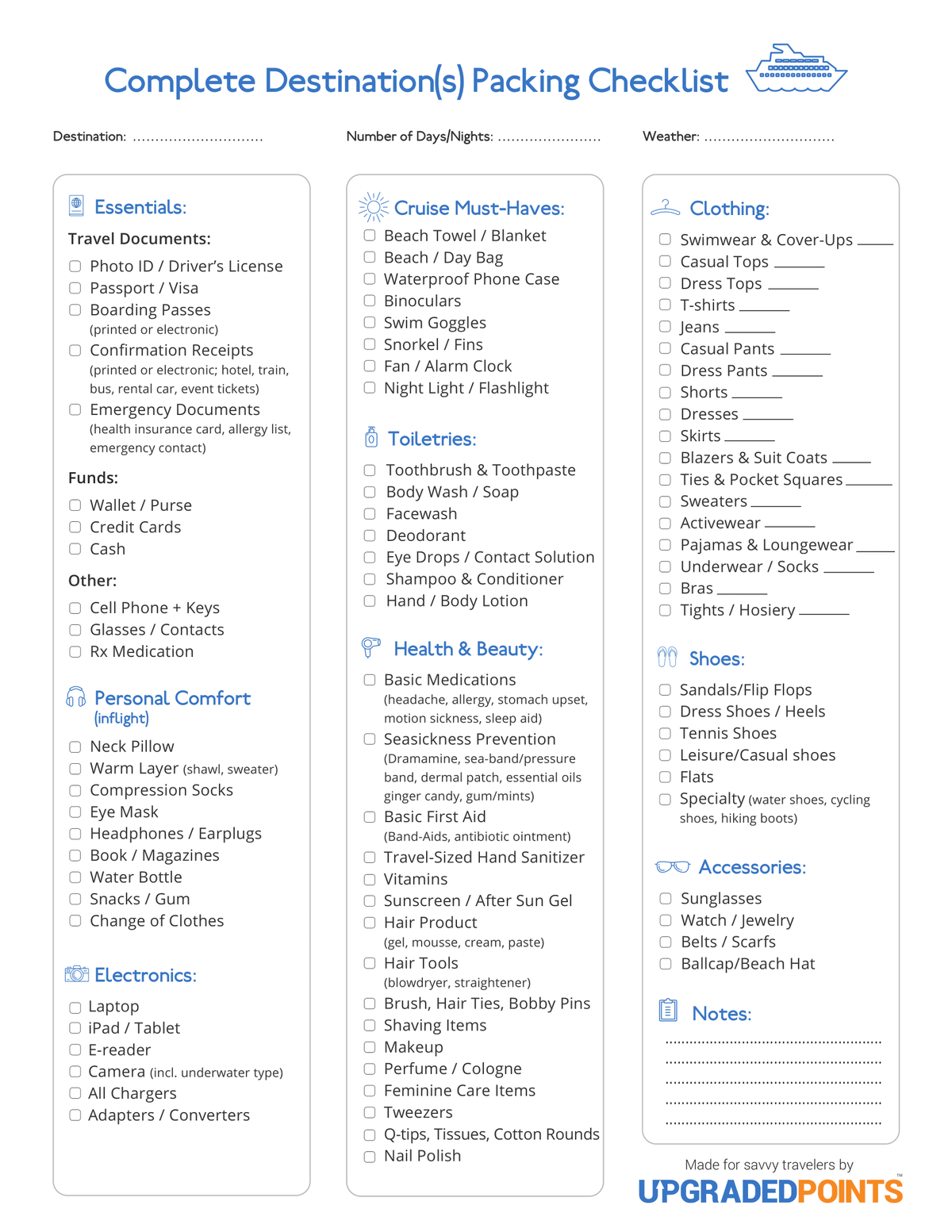 checklist for cruise trip