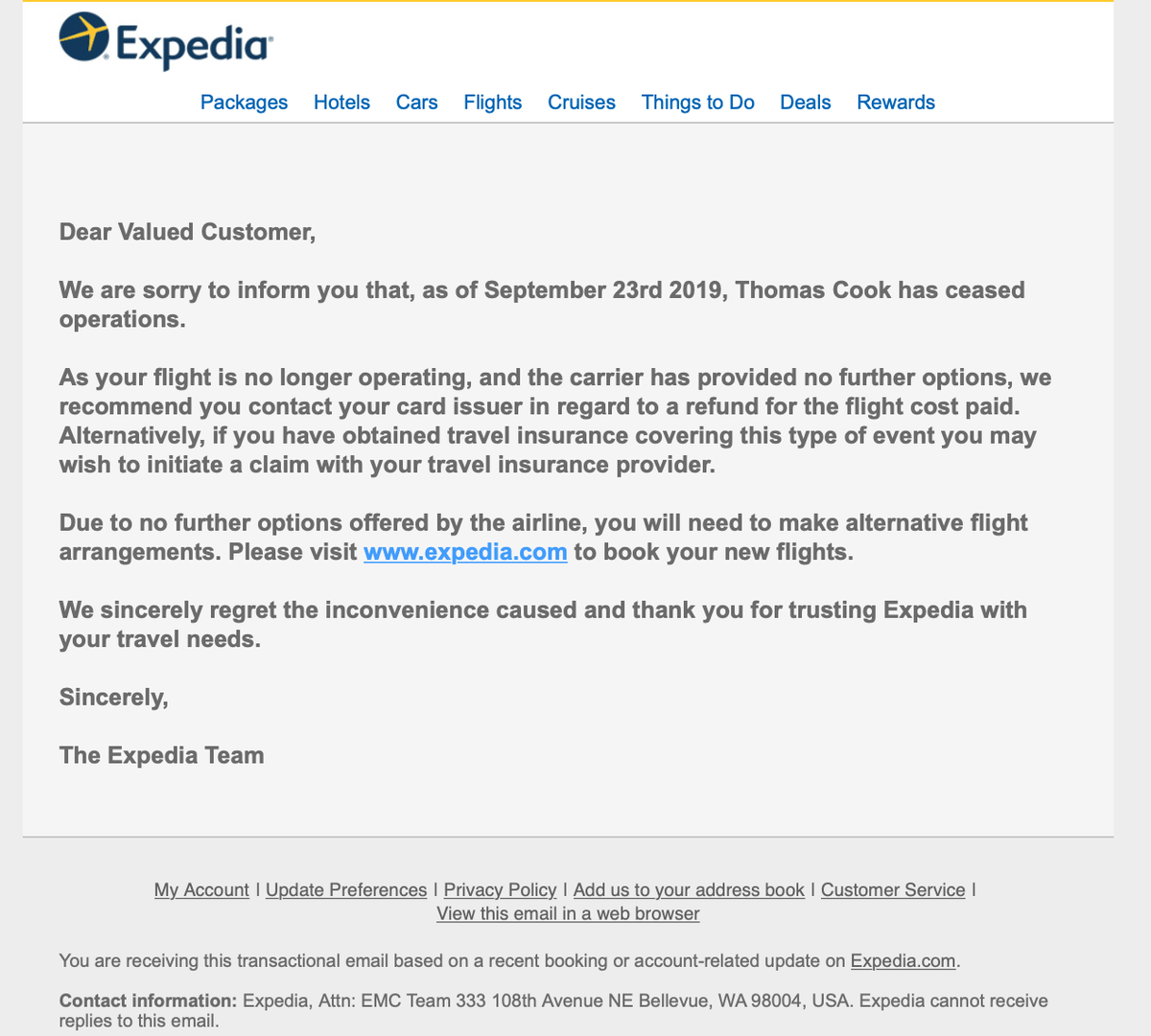 Expedia's Email To Thomas Cook Ticketed Passengers