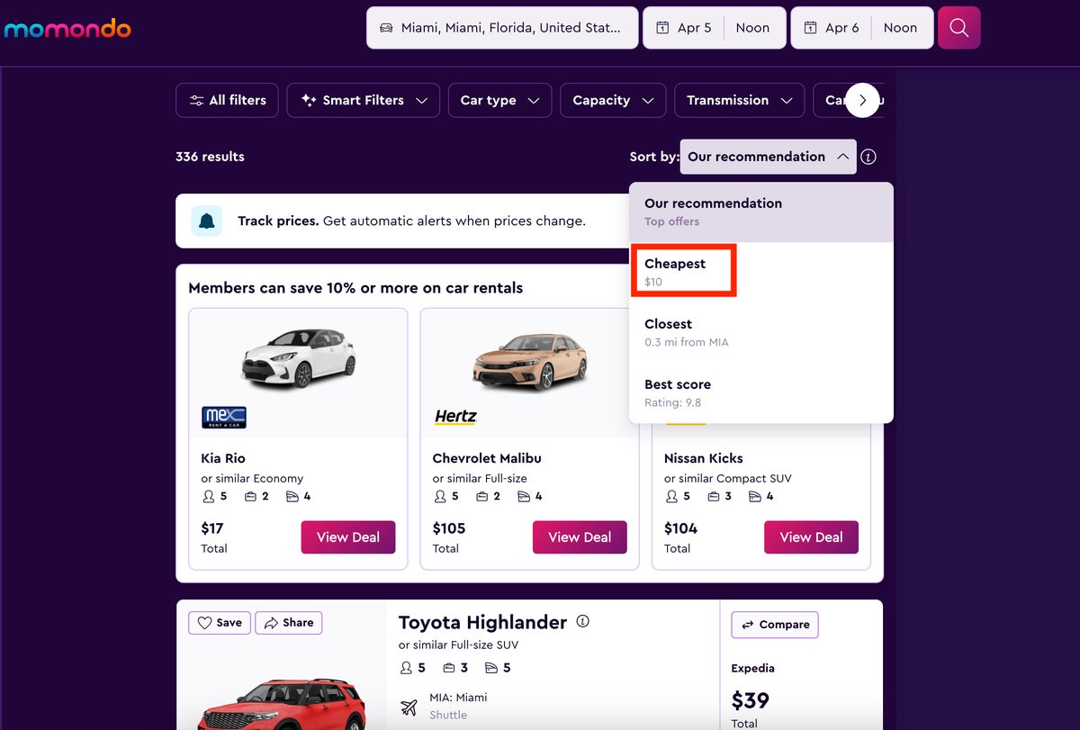 Momondo car rental search