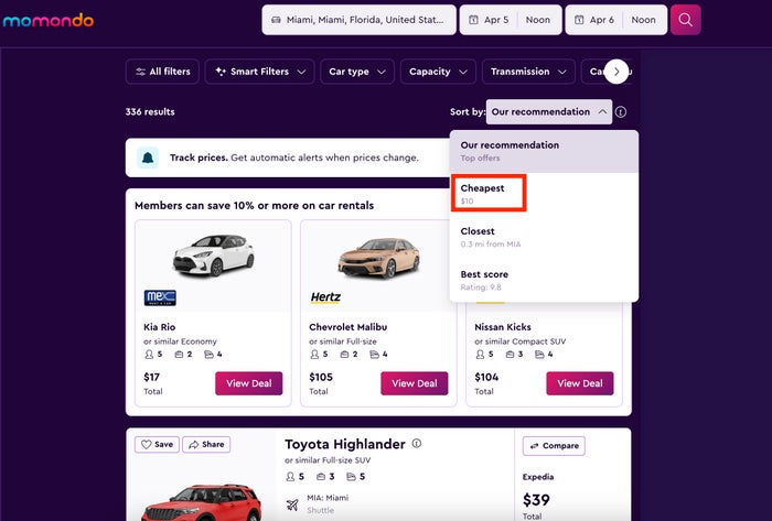Momondo car rental search