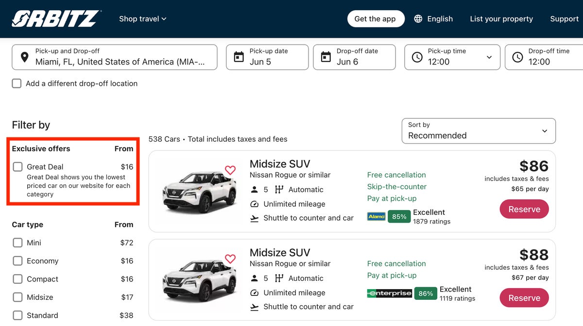 Orbitz car rental great deal