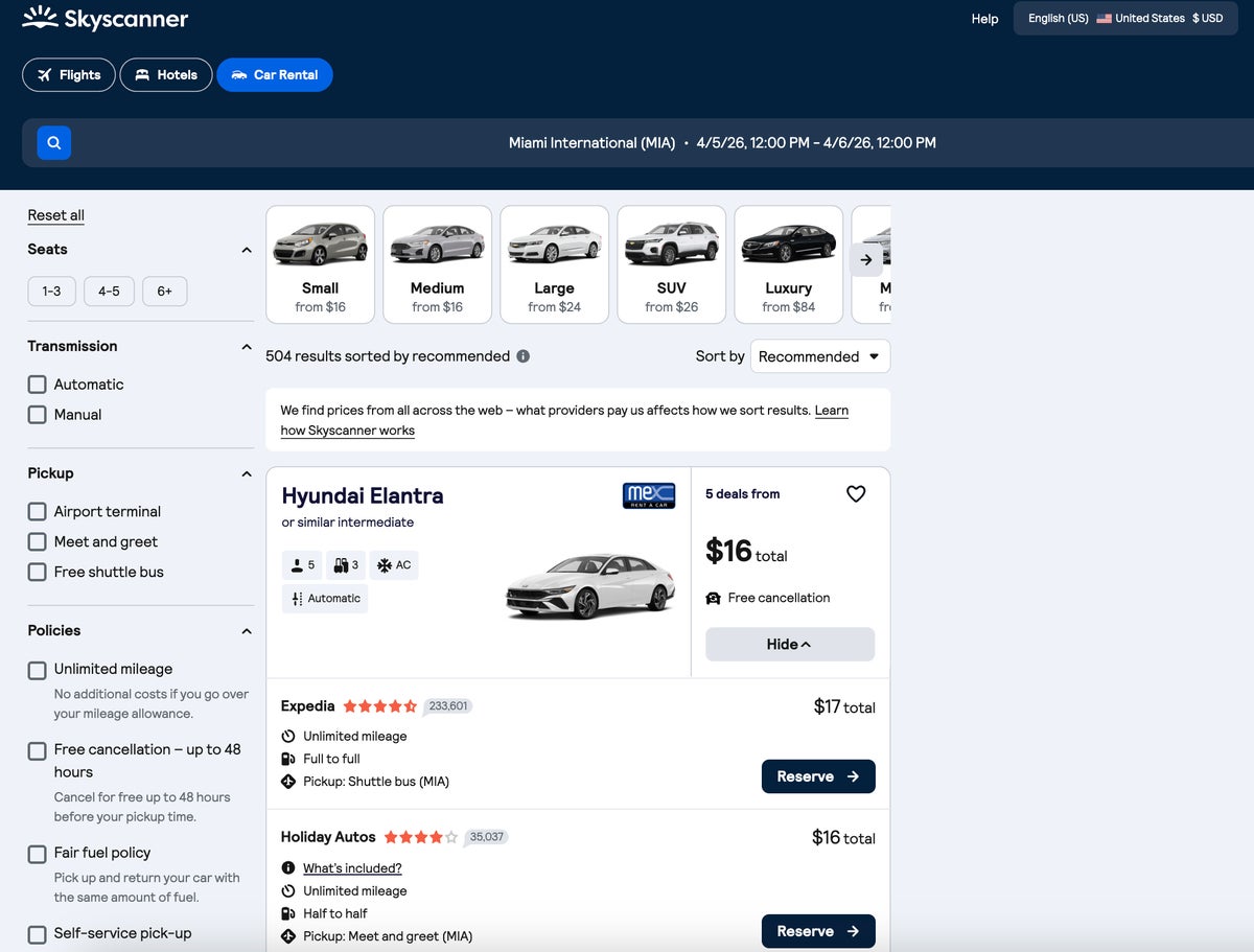 Skyscanner car rental search results