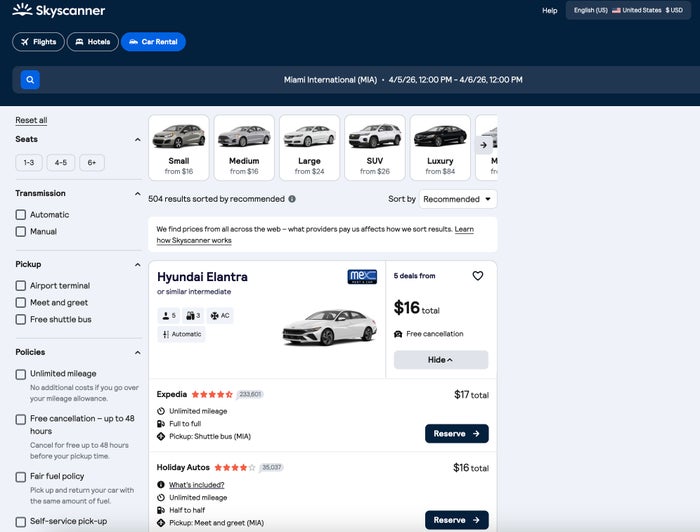 Skyscanner car rental search results