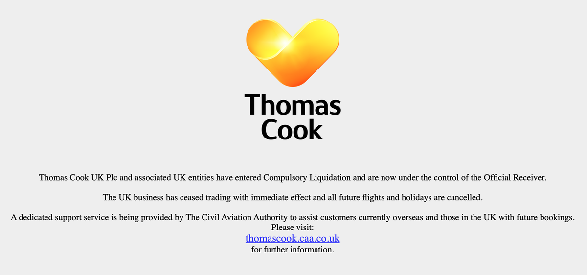 Thomas Cook's Website After Ceasing Operations