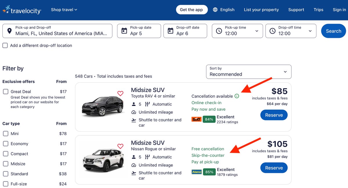 Travelocity car rental search results