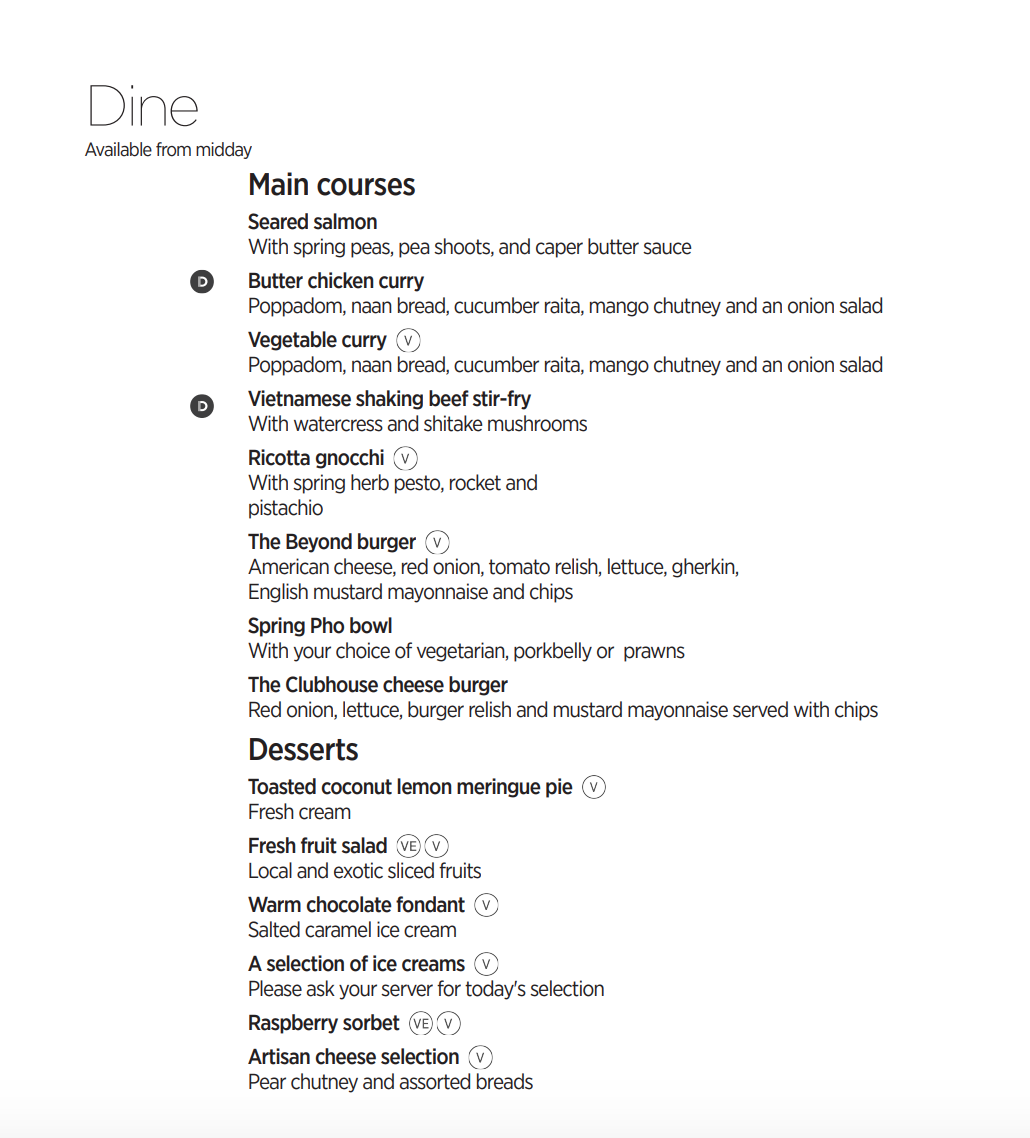 Virgin Clubhouse Menu
