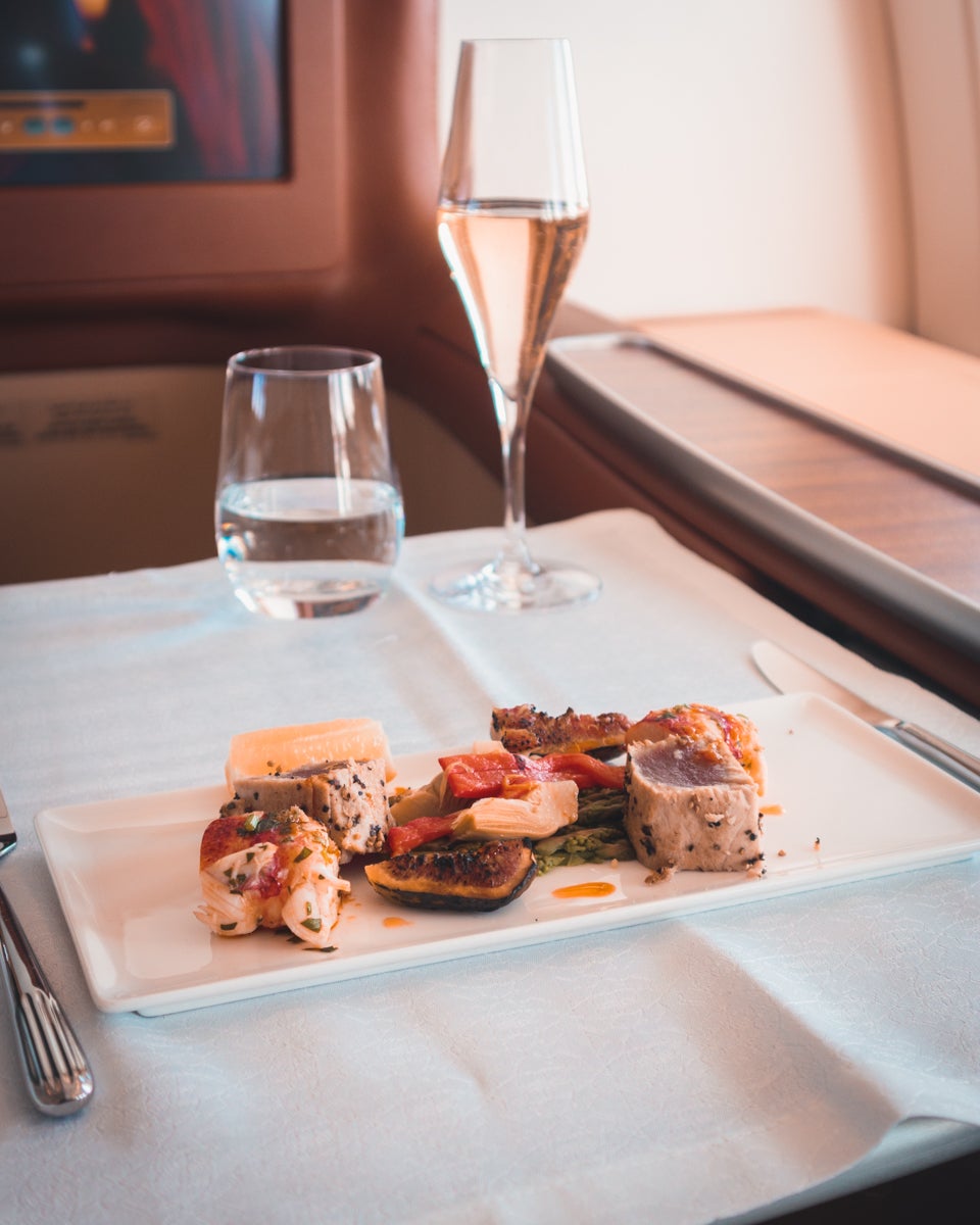 Oman Air Business Class Seared Tuna and Herb Poached Lobster