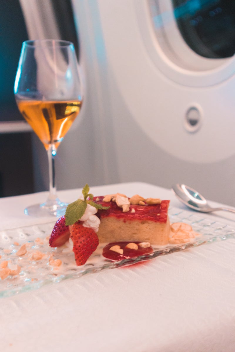 Oman Air Boeing 787-9 Business Class Dessert and Château Guiraud 1st Grand Cru