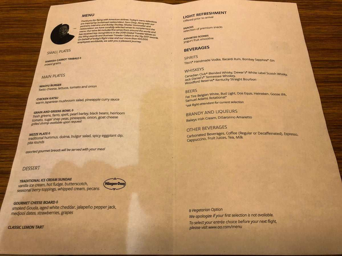 American Airlines Flagship First Class A321T Menu
