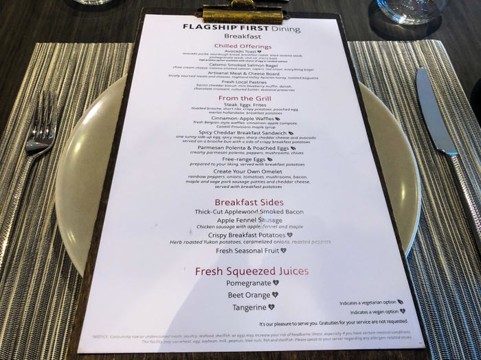 American Airlines Flagship First Dining JFK breakfast menu