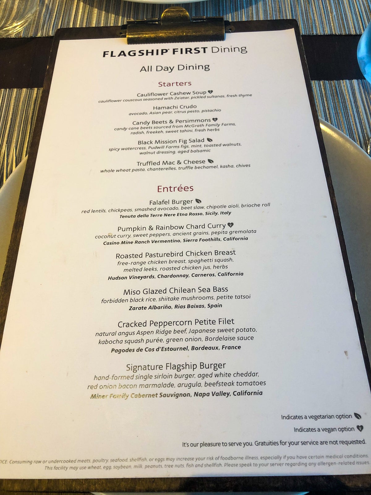 American Airlines Flagship First Dining LAX dining menu