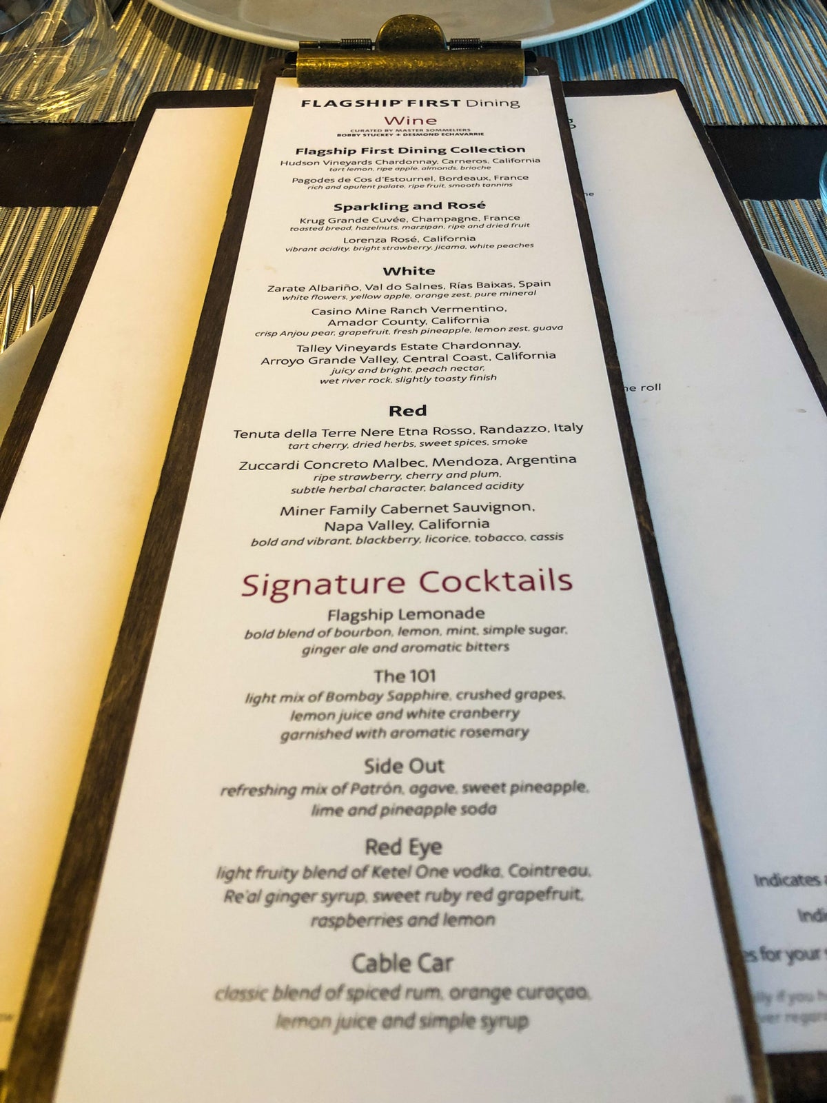 American Airlines Flagship First Dining LAX drink menu close-up