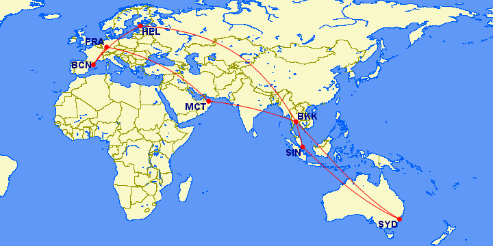Sydney to Barcelona via, Bangkok Helsinki and home via Frankfurt, Muscat and Bangkok