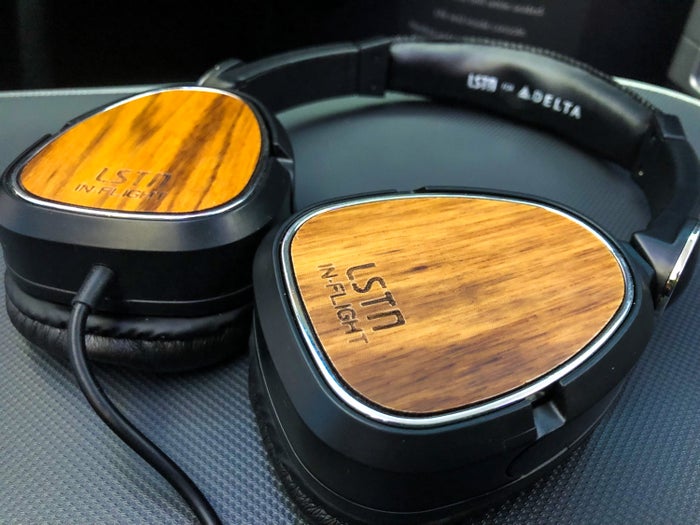Delta One Suites A350-900 LSTN noise-cancelling headphones close-up