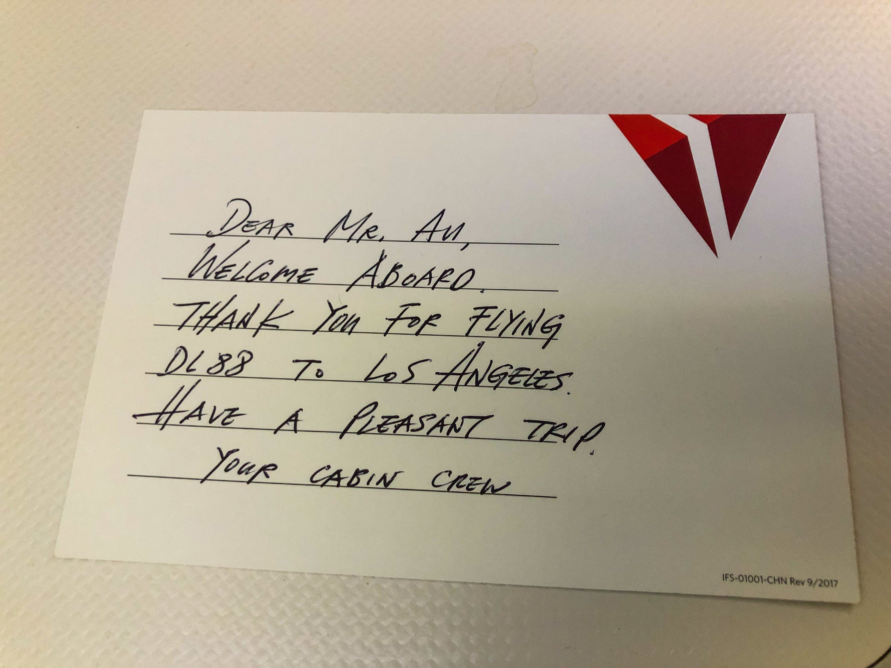 Delta One Suites A350-900 welcome card