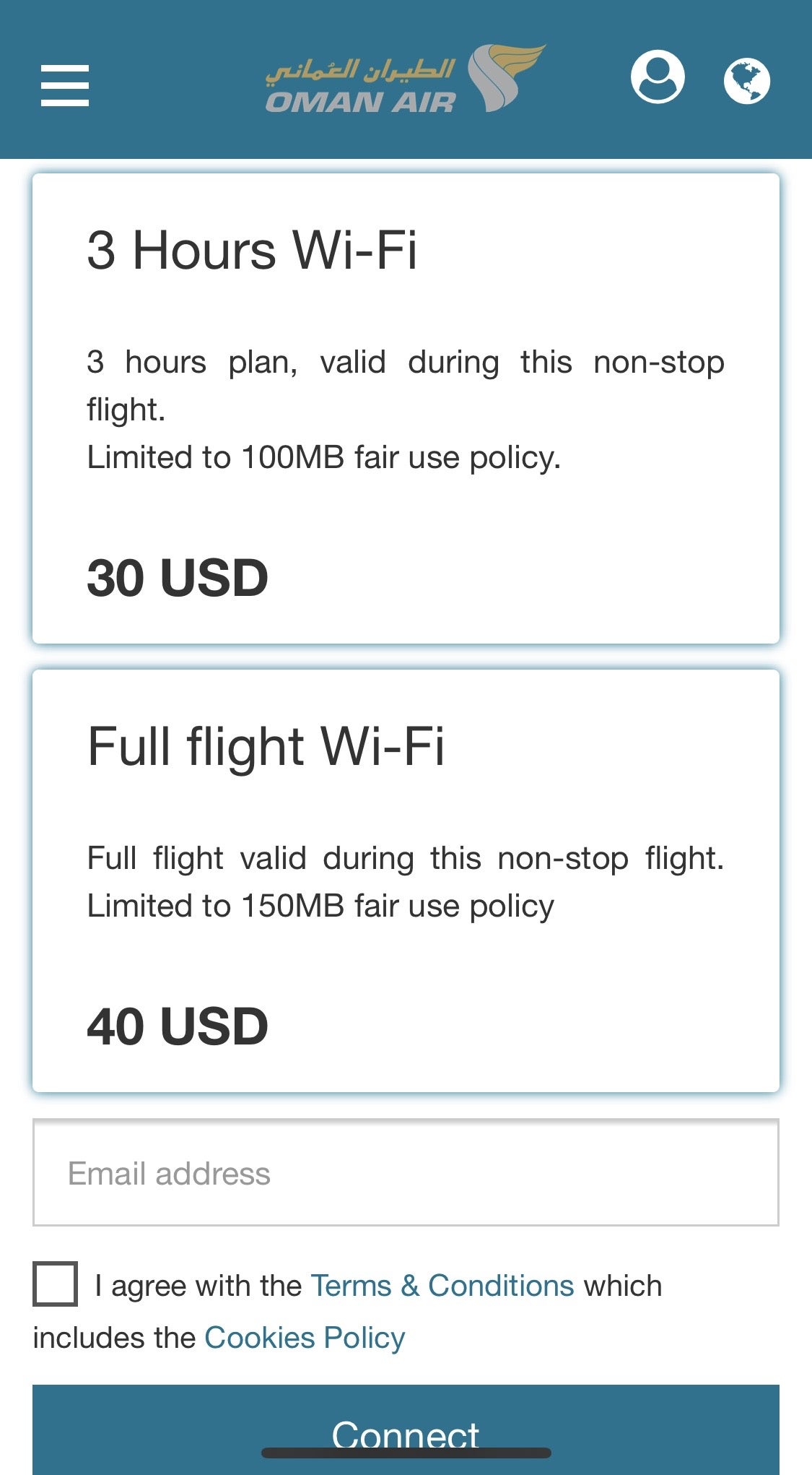 Oman Air Wi-Fi Prices