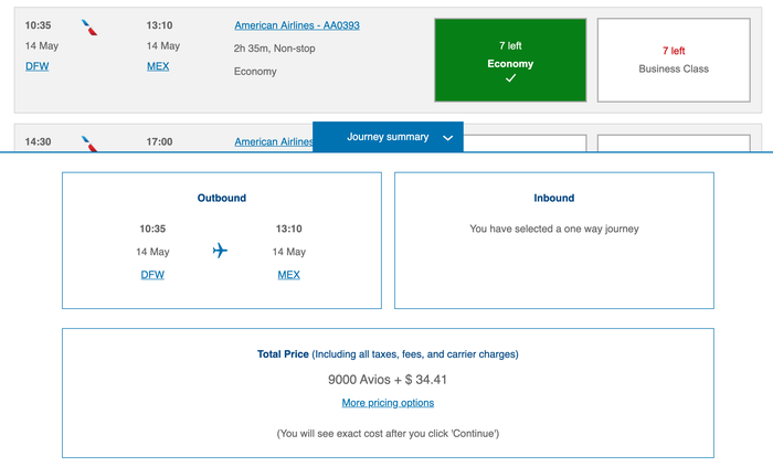 Booking DFW to MEX With Avios