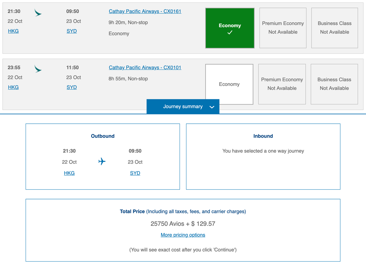 Booking HKG to SYD on Cathay Pacific Using Avios
