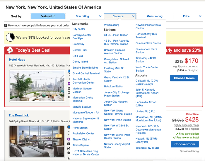 Hotels.com Distance Landmarks