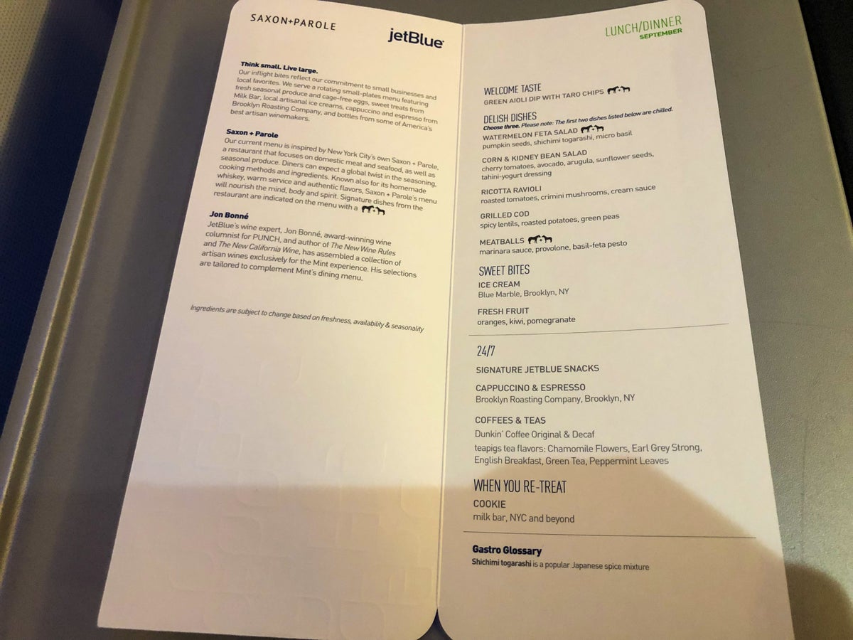 JetBlue Mint A321 menu