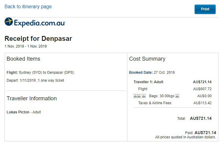 Receipt for Expedia booking to Denpasar