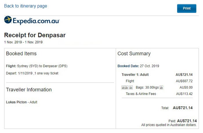 Receipt for Expedia booking to Denpasar
