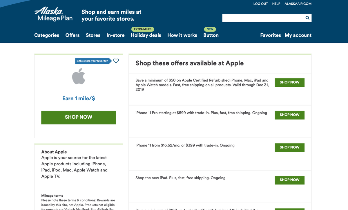 The Apple Store on the Mileage Plan Shopping Portal