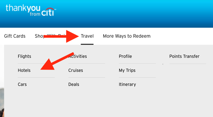 Click The Hotel Button in The Travel Sub-Menu Redeem Citi ThankYouPortal